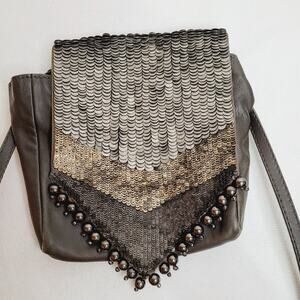 Hoss Intropia brown leather beaded and metal sequined cross body bag